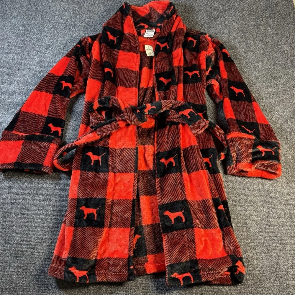 PINK Victoria's Secret Robe Womens XS/S Red Black Buffalo Plaid Logo NWT Cozy